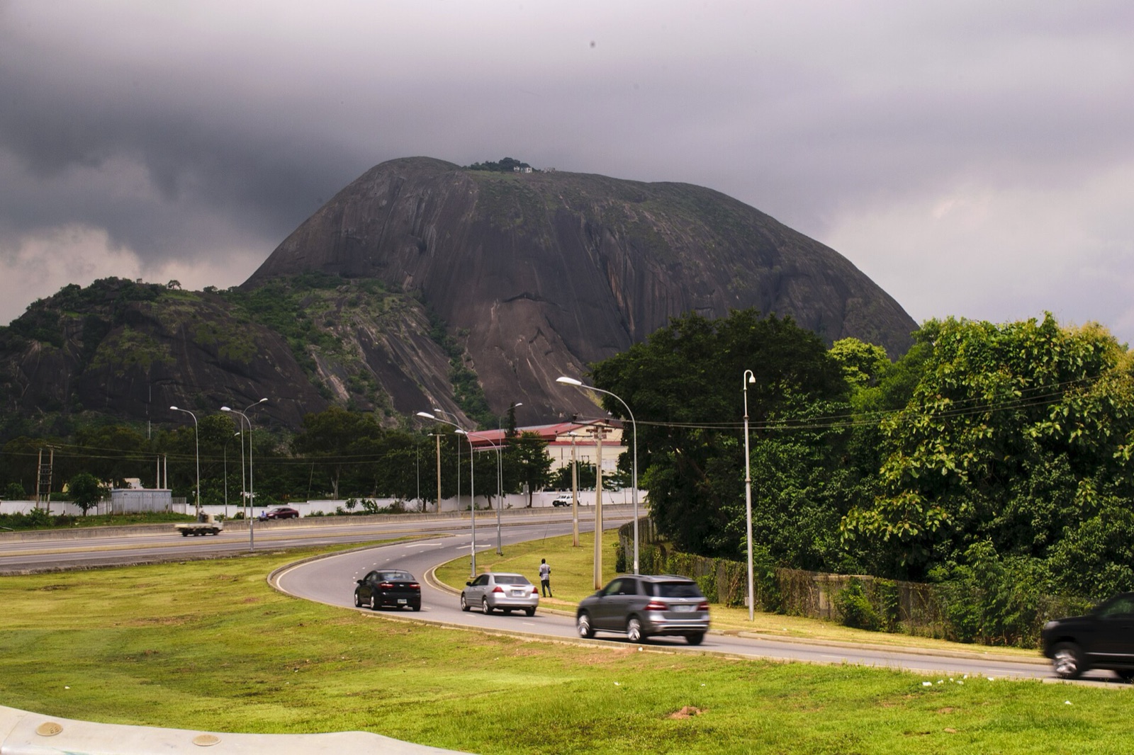 Aso Rock, the granite outcrop that overlooks Abuja, seen from a bridge approach